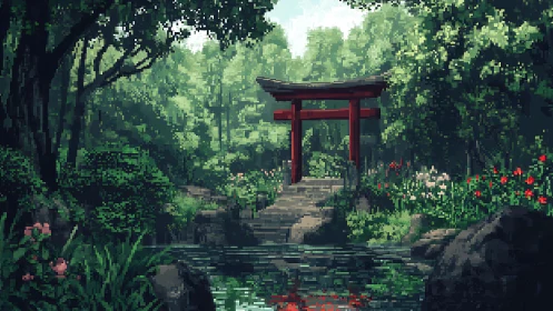 Tranquil pixel forest gate inviting quiet moments of calm.