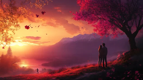 Lovers' Twilight Over Alpine Lake with Cherry Blossoms.