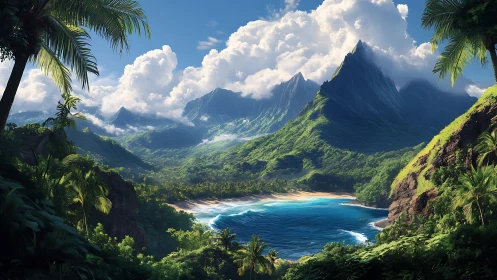 Tropical Island Valley with Dramatic Mountain Peaks.