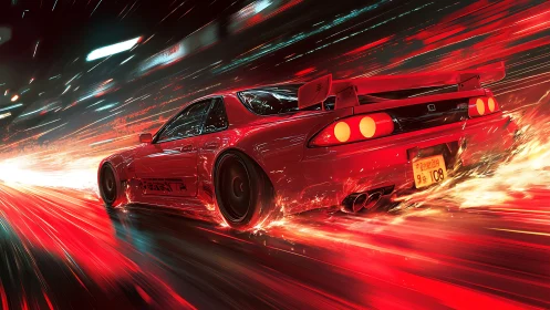 Neon red drift car slicing through blazing city speedway.