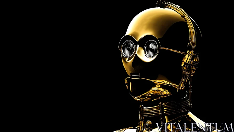 Gold humanoid robot portrait against black background.