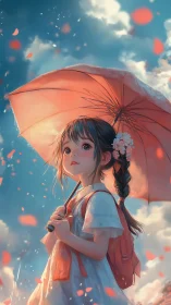 Girl with umbrella stands under sky amid falling petals