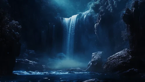 Nocturnal cascade in luminescent blue cavern atmosphere.
