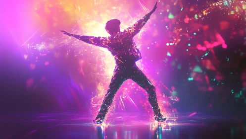 Silhouetted dancer explodes through neon light and color field