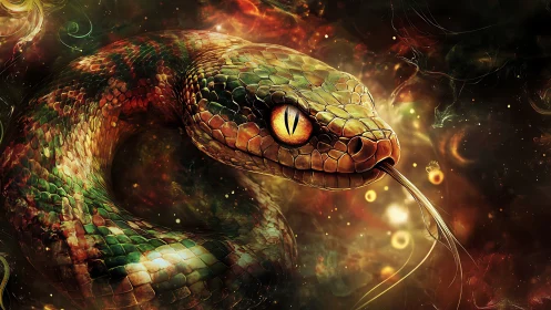 Vibrant cosmic serpent coils in glowing abstract darkness