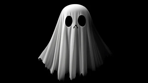 3D monochrome ghost character with sculpted drapery form.