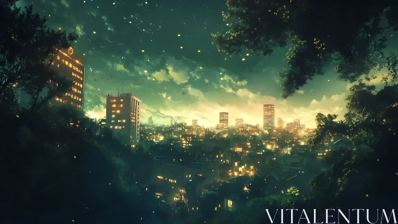 Forest-framed futuristic cityscape under glowing night sky.