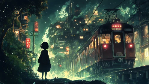 Nighttime city train welcomes a lone child into glowing mystery
