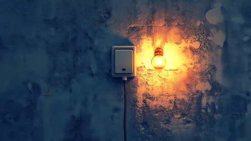Digital painting of exposed bulb on textured concrete wall.