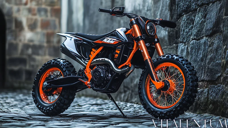 High-travel enduro motorcycle with knobby tires on cobblestone street.