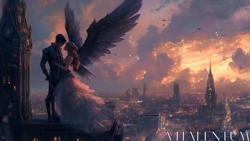 Winged guardian and bride embrace above dusk-lit neo-gothic city