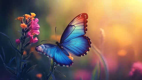 Digital painting of blue butterfly on flowers at dusk glow.