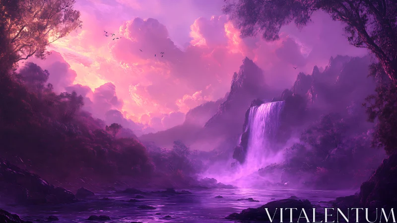 Dreamlit violet waterfall under radiant celestial clouds.