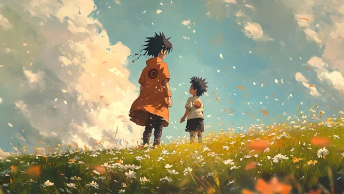 Wind-swept anime siblings crossing floral meadow horizon.