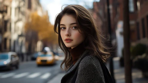 Photorealistic urban portrait with shallow depth of field.