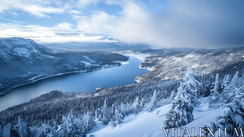 Snowbound alpine lake under winter morning light.