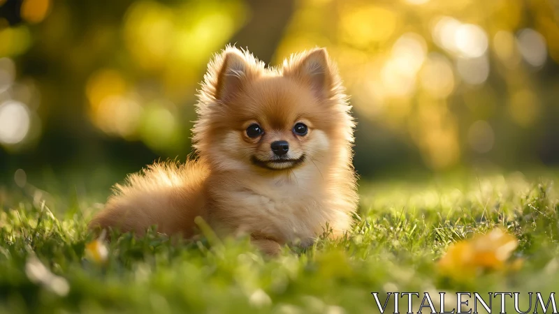 Photorealistic portrait of Pomeranian puppy in bokeh lawn setting.
