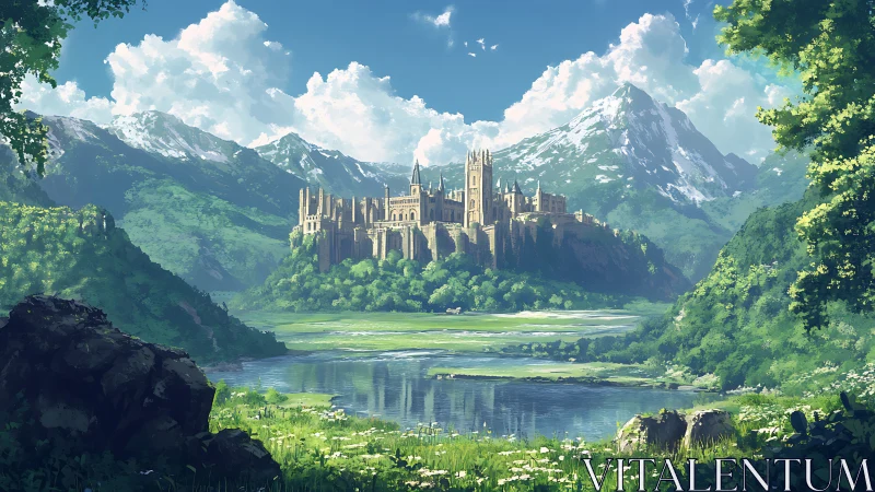 Medieval-style hilltop fortress overlooks valley lake landscape