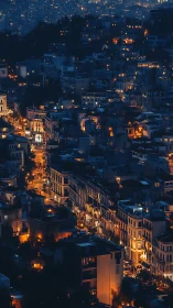 Amber-lit hillside city unfurls like a glowing urban river.