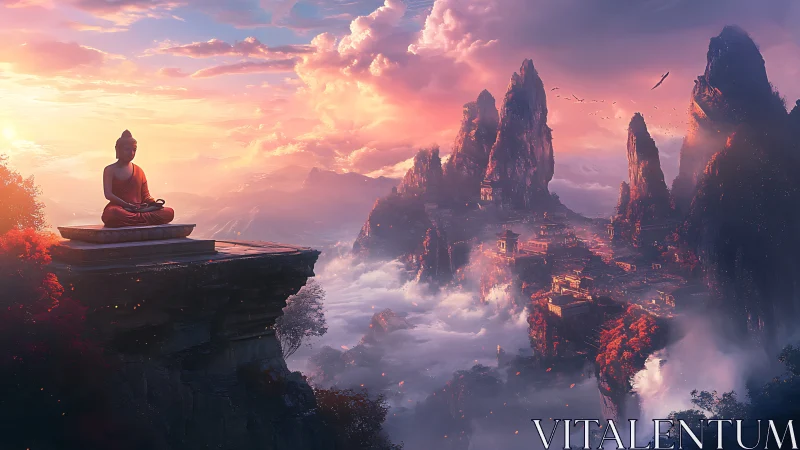 Meditating Buddha over misty mountain temple valley at dawn.