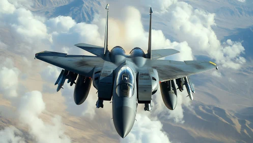 Twin-engine fighter jet cuts through bright broken cloud layer