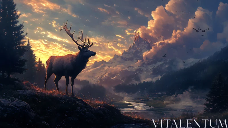 Digital painting of stag at alpine dusk with atmospheric depth.