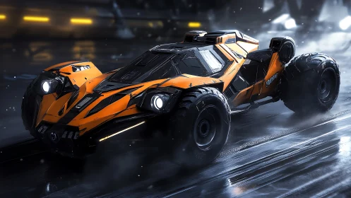 Futuristic orange off-road racer on slick neon runway.