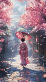 Kimono-clad woman under sakura canopy in misty Edo street