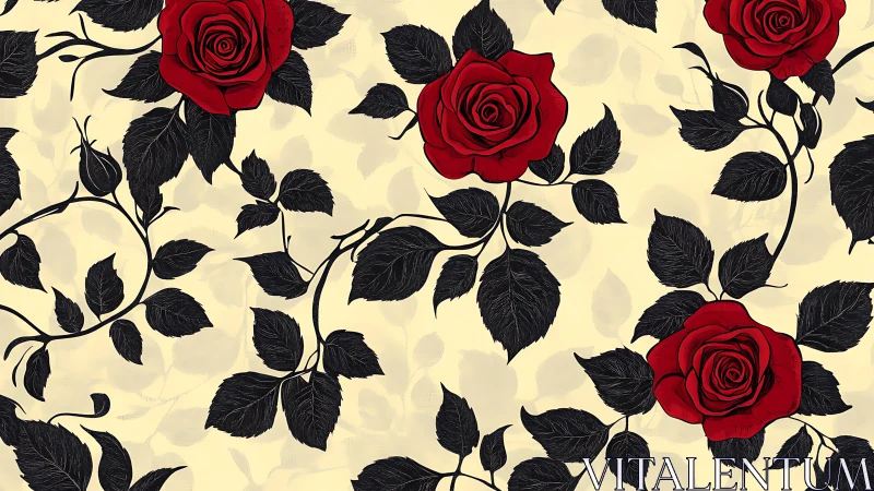 Crimson roses and inky leaves on a soft vintage backdrop.