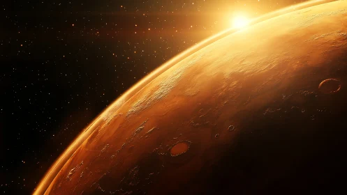 Sunrise rolls over rust-red Mars, igniting cratered horizons