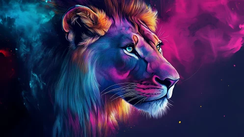 Digital lion profile in multicolor neon gradient palette.