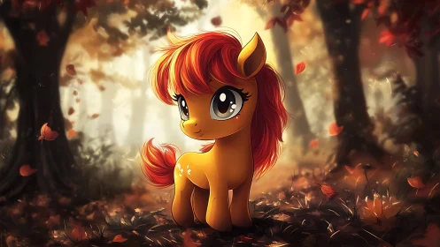 Cartoon pony figure in soft-lit autumn forest setting.