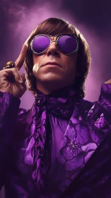Eccentric man in bold purple suit and round sunglasses.