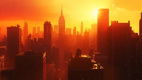 Sunlit orange city skyline under blazing sunset glow.