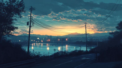 Urban lakeside road at dusk with power lines and skyline.