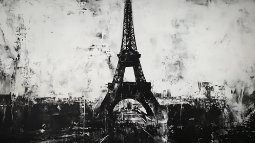 Monochrome Eiffel Tower rises over an abstract urban haze
