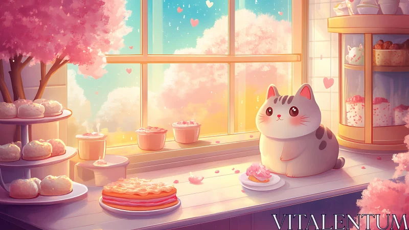 Soft-lit pastel cat bakery interior with cherry blossom views