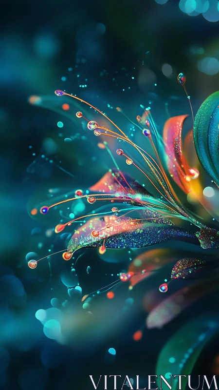 Shimmering fantasy flower glows with sparkling neon droplets