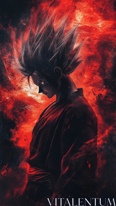 Volcanic aura silhouette of spiked‑hair warrior in profile.