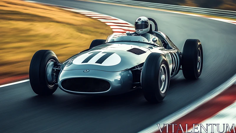 Vintage silver race car powers through sweeping circuit curve.