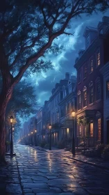 Quiet cobblestone street under moody blue night sky.
