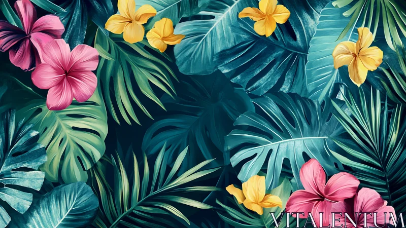 Tropical Blooms in Deep Teal Paradise.
