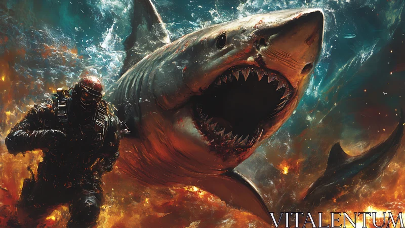 Armored diver and attacking shark in fiery underwater scene.
