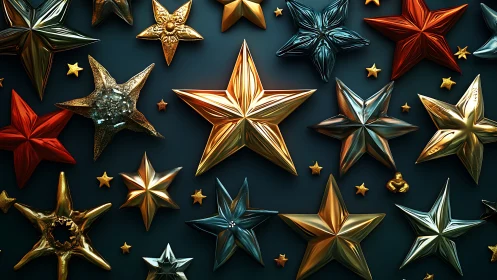 Gleaming metal star parade on deep midnight canvas.