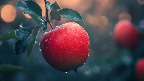 Luminous red apple with raindrops in soft bokeh orchard.