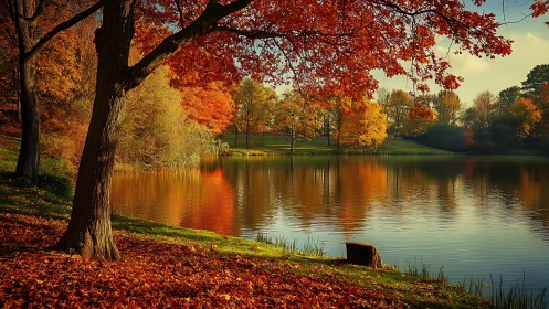 Golden autumn trees lean gently over a peaceful lakeshore