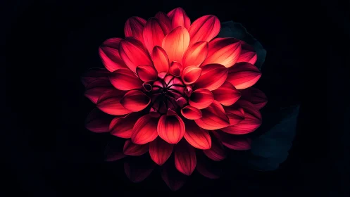 Vibrant Red Dahlia Illuminated Against Deep Darkness
