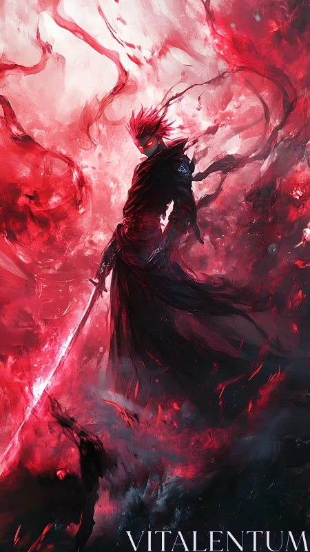 Dark warrior amid red energy storm with glowing blade.