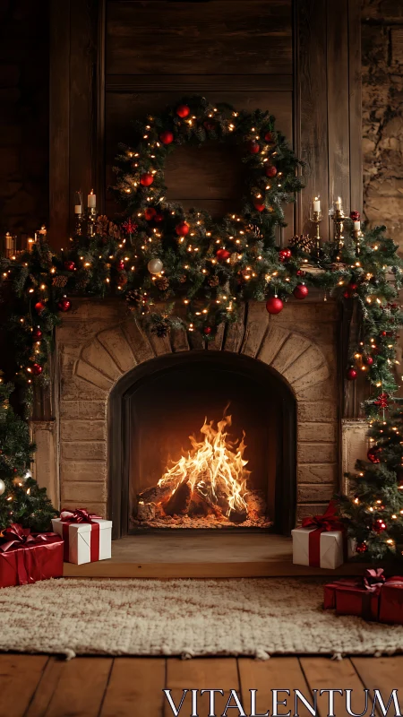 Cozy Christmas fireplace glows warmly with gifts and garlands