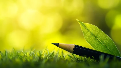 Graphite pencil and leaf intersect within sunlit macro field